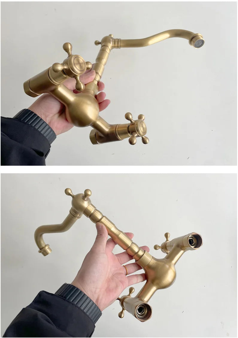 Antique brass ceramic into the wall faucet bathroom washbasin basin wall mount double handle cold and hot water faucet