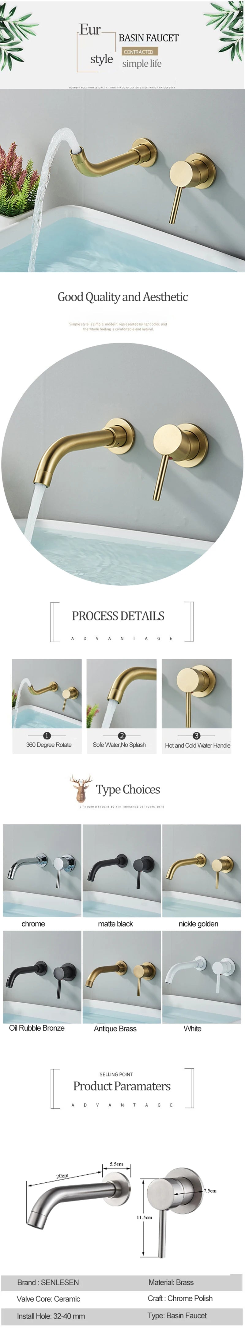 Bathroom Basin Faucet Brushed Golden Concealed Wall Mounted Faucet Tap 360 Rotation Single Handle Hot Cold Water Bath Mixer Tap