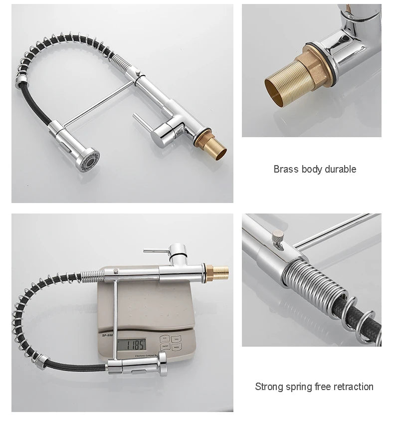 Black and Golden Brass Pulling Kitchen Sink Faucets Dual Outlet Water-Cold Hot Washing Basin Tap Deck Mounted Spring Mixer Taps