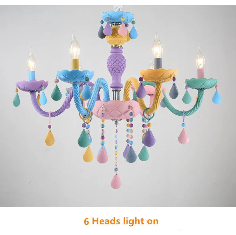 Modern Romantic Rainbow Crystal Chandelier European Candle lustres Children's Makaron Girl Princess Pendant Lamps Light Fixtures