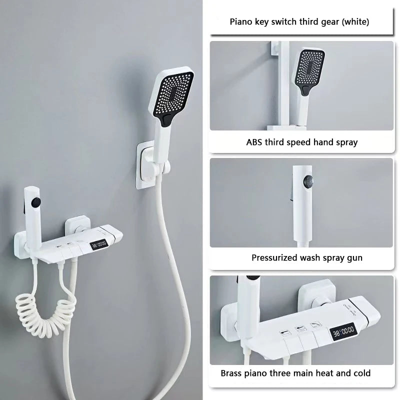 White Grey Deluxe Shower System Set Bathroom Rain Pressurized Shower Faucet Set Brass LED Digital Bathtub Shower Faucet Full Set