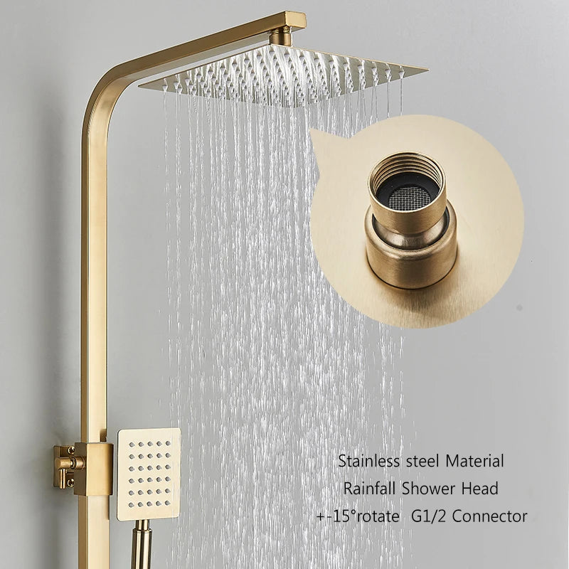 Brushed Golden Shower Faucet Bathroom Rainfall Shower Set Wall Mount