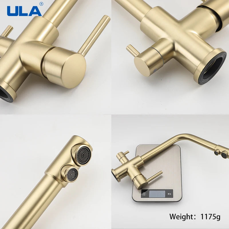 ULA Filtered Kitchen Faucet Gold Purifier Faucet Dual Sprayer Drinking Water Mixer Tap Nozzle Brass Kitchen Sink Mixer Torneira