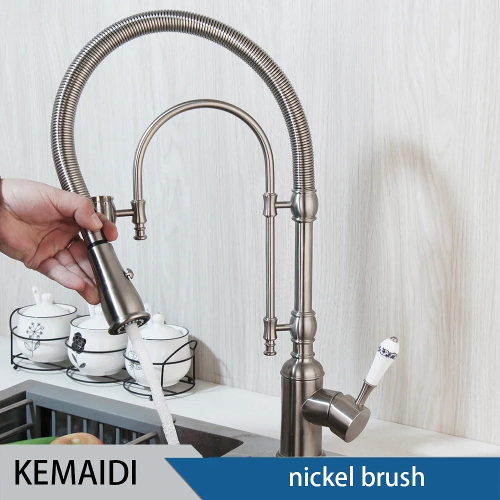 Golden Spring Pull Down Kitchen Sink Faucet Hot & Cold Mixer Crane Tap with Dual Spout Deck Mounted Hot Cold Faucets