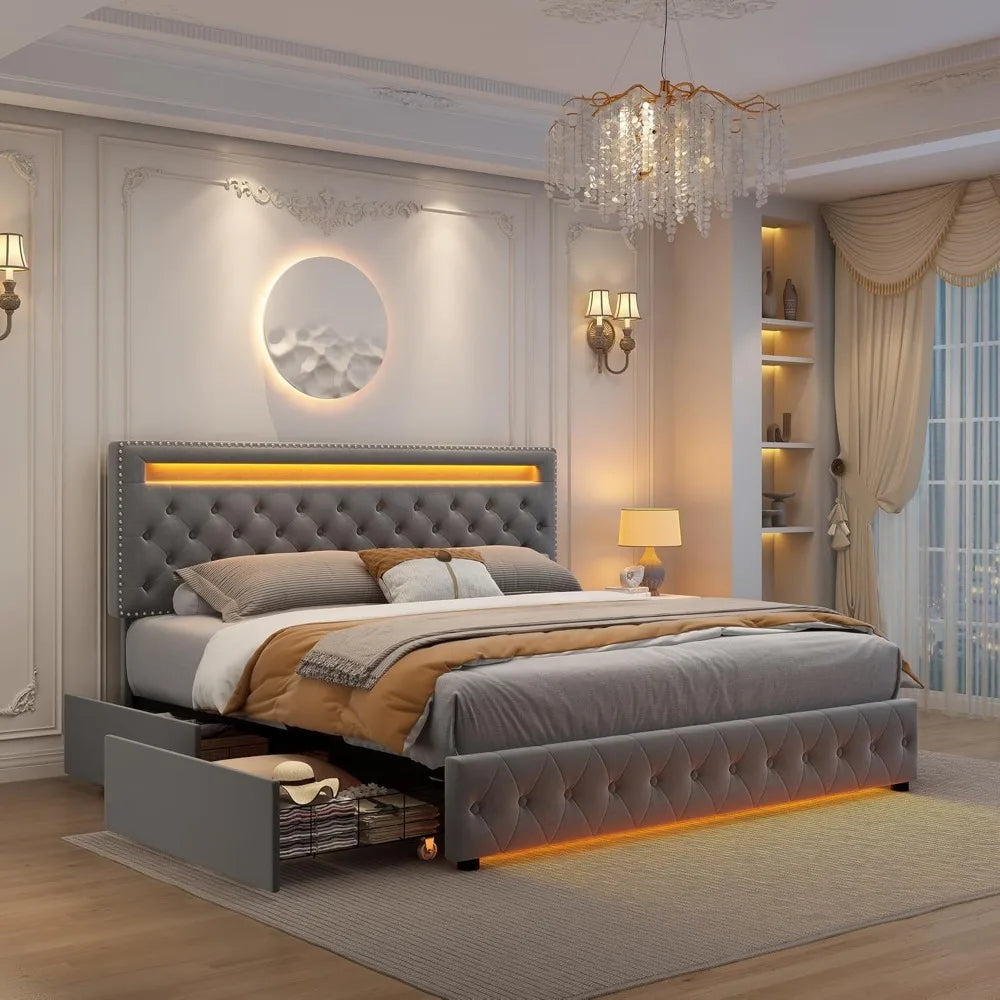 Queen Led Bed Frame with 4 Storage Drawers and Smart Control LED Lights