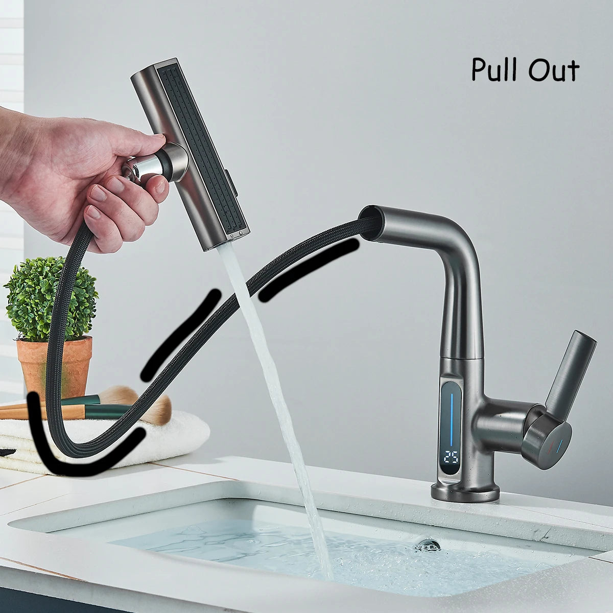 Temperature Digital Display Basin Faucet Pull Out Hot Cold Water Mixer Tap Lift Up Down Stream Sprayer Wash Crane For Bathroom