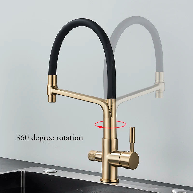Brushed Golden Kitchen Sink Faucet Pure Water Filter Mixer Crane Dual Handle Pull Down Purification Kitchen Hot Cold Water Tap