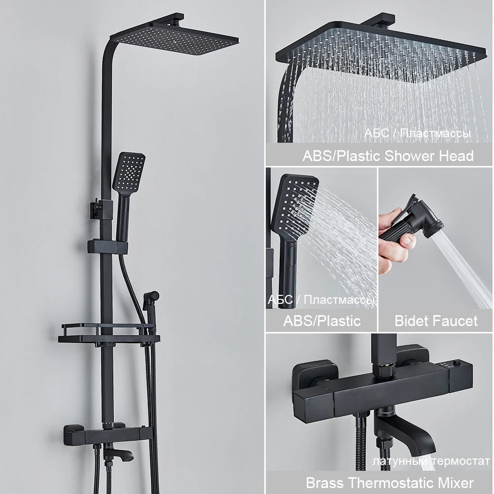 Black Thermostatic Shower Faucet Set 38℃ Rainfall Shower Mixer Crane Multifunctional Bathroom Faucet Bathtub Tap With Shelf