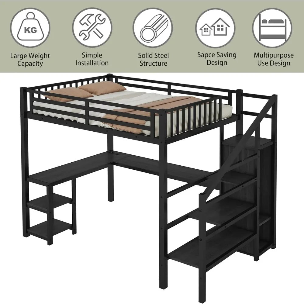 Full Size Loft Bed with Stairs and Desk Metal Loft Bed with LED Light and Charging Station