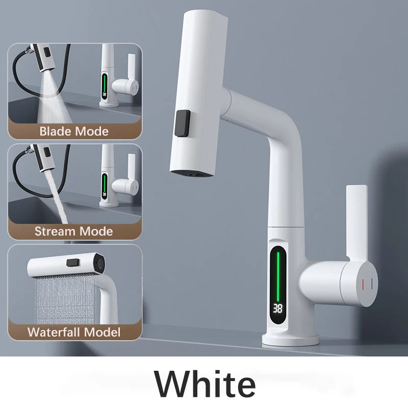 Waterfall Pull Out Kitchen Faucet White Intelligent Digital Display Cold Hot Mixer Taps Rotatable Sink Lifting Basin Faucet