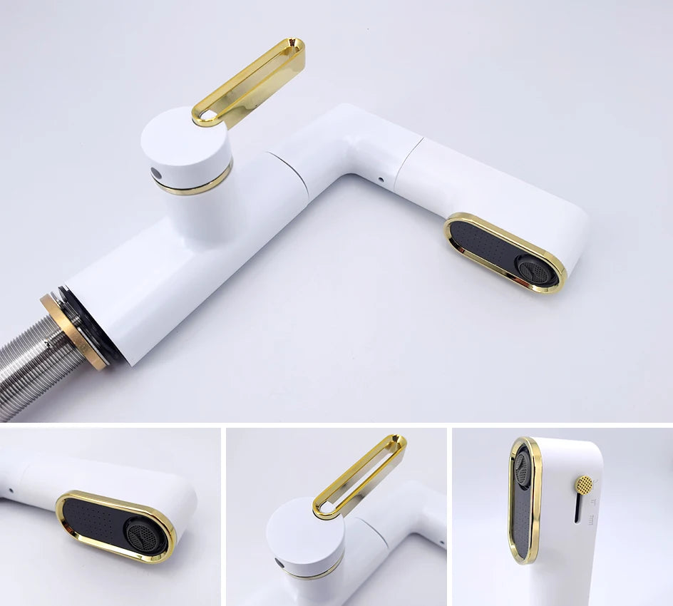 VGX Multifunctional Bathroom Faucets Pull Out Basin Mixer Sink Faucet Gourmet LED Temperature Tap 360° Tapware Crane Brass White