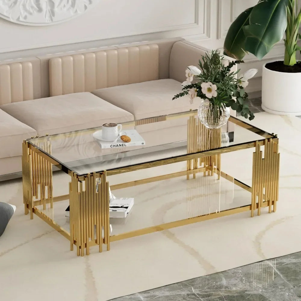 Modern Gold Coffee Table 51 Inch Rectangular Clear Tempered Glass