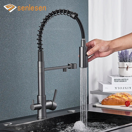 Senlesen Gun Grey Purified Kitchen Faucet Deck Mount Hot Cold Mixer Crane Tap Rotation Spray Stream Mode For Filter Drink Water