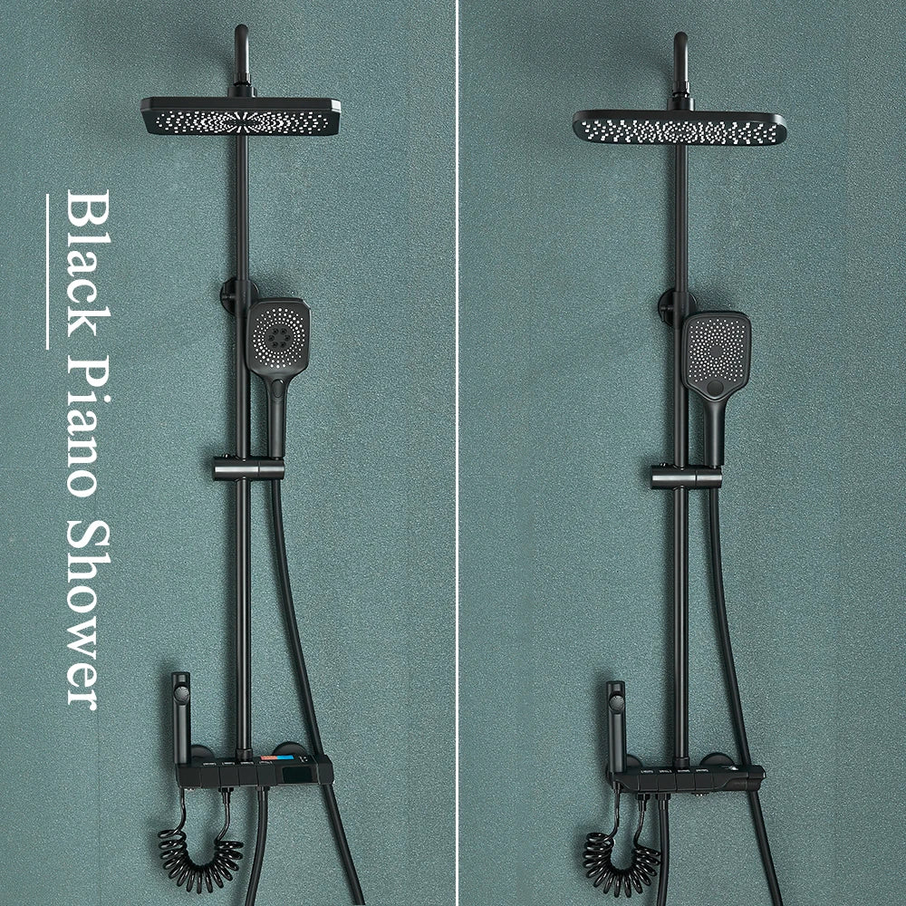 Grey Piano Digital Shower Set Intelligent Brass Bathroom Faucets Hot Cold Waterfall Tap Rainfall White Shower System Chuveiro