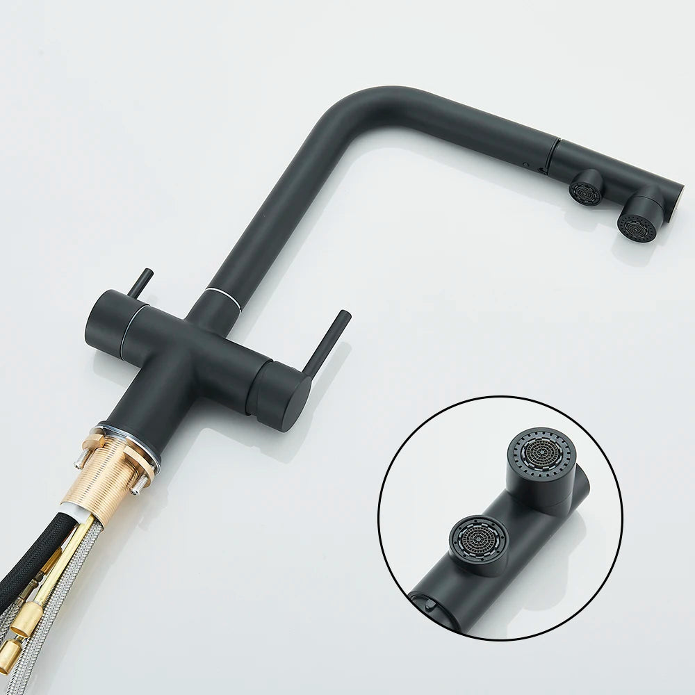 Filtered Kitchen Sink Faucet with Pull Down Sprayer 2 Handle 3 in 1 Water Filter Purifier Faucet Dual Sprayer Drinking Water Tap
