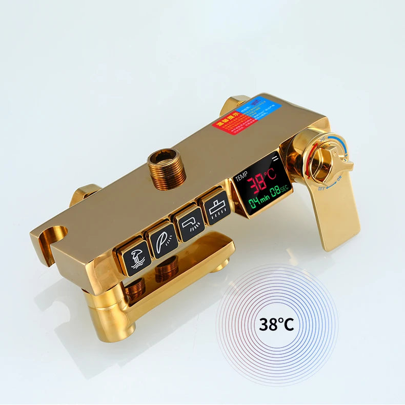 Gold Digital Shower Set Quality Brass Hot Cold Bathroom Shower Faucets Tap Rain Shower Head Golden Thermostatic Shower System