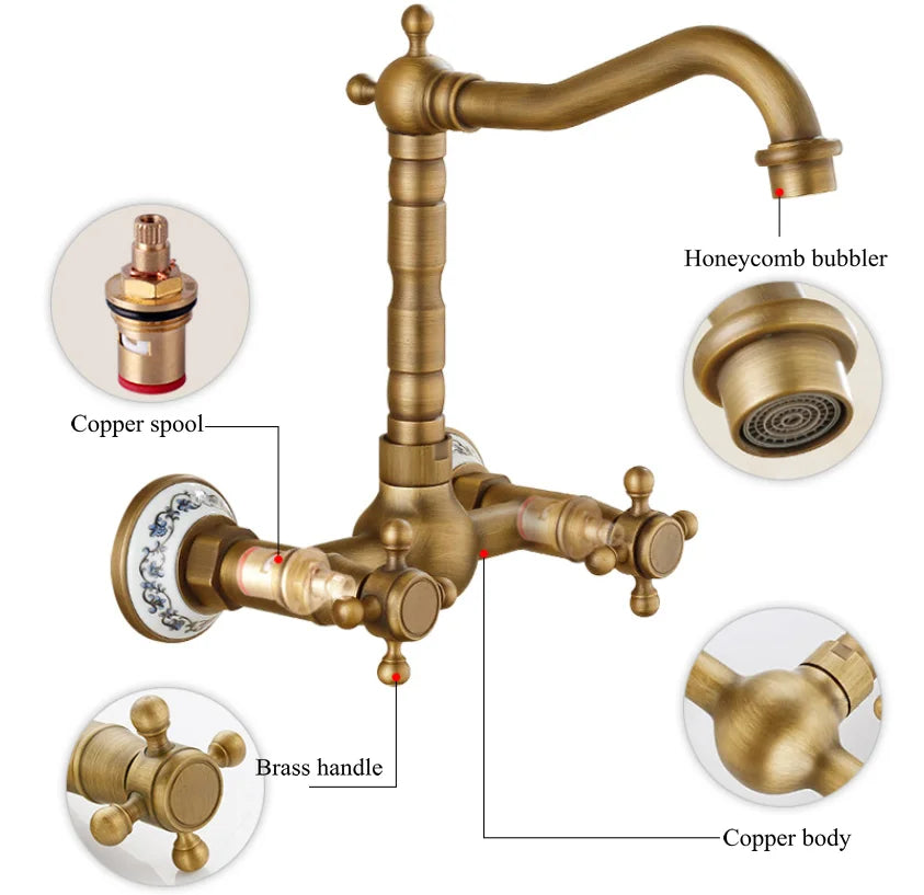 Antique brass ceramic into the wall faucet bathroom washbasin basin wall mount double handle cold and hot water faucet
