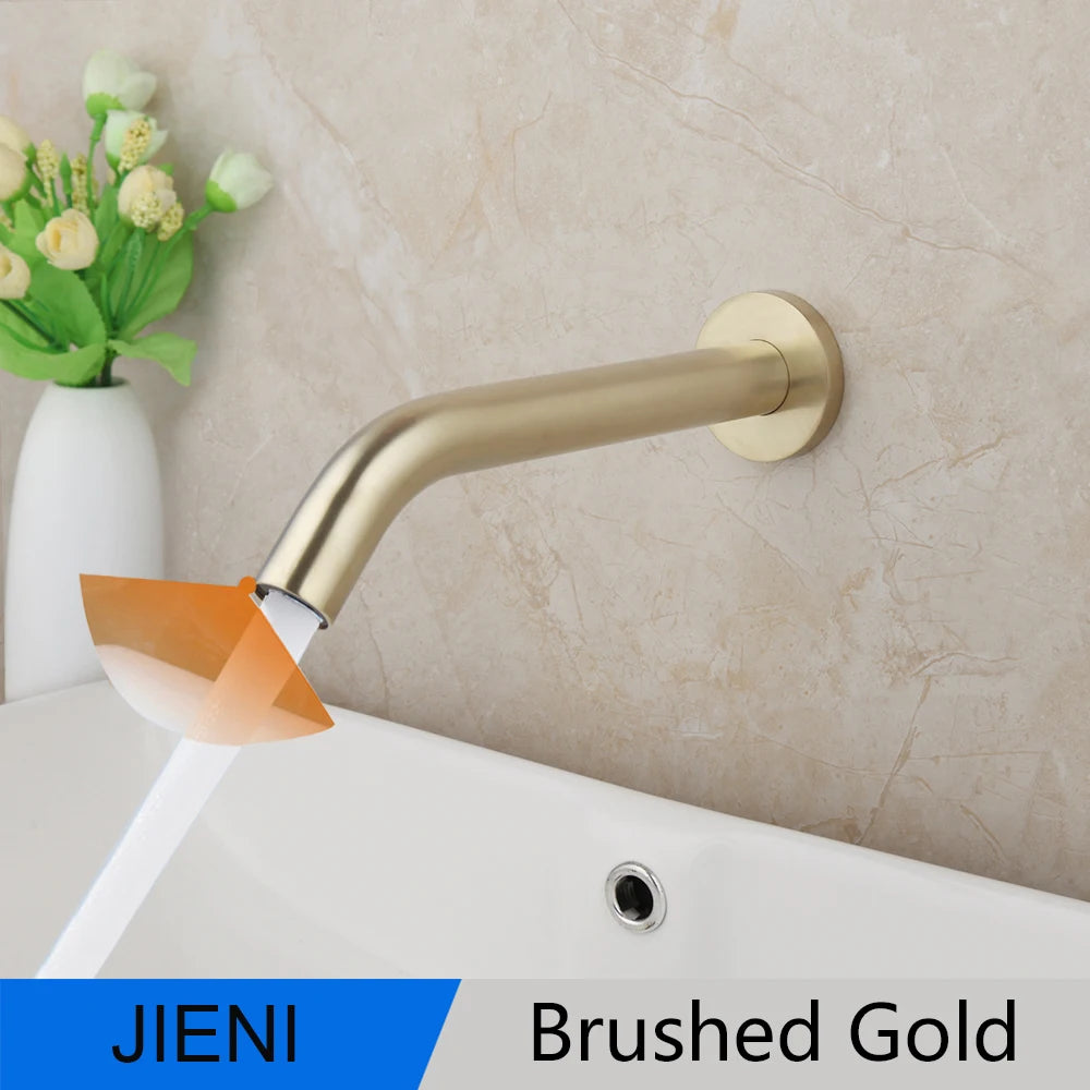 JIENI Black Chrome Lavatory Bathroom Faucet Wall Mount Sensor Faucet Automatic Free Touch Sensor Bathroom Sink Mixer Tap Faucet