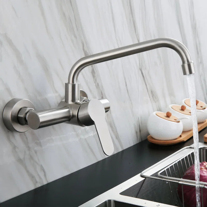 Wall Mounted Kitchen Faucet Wall Kitchen Mixers Kitchen Sink Tap 360 Degree Free Swivel Flexible Hose Double Holes Water Taps