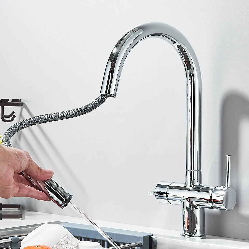 Filtered Kitchen Sink Faucet With Retractable Sprayer Brass Water Filter Tap Drinking Water Tap Vessel Sink Mixer For Kitchen