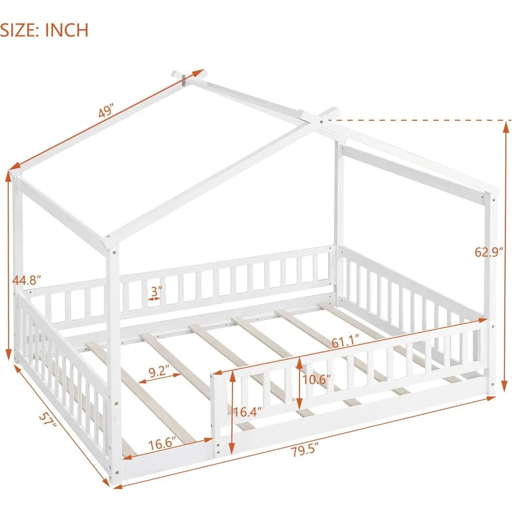 House Style Bed Full Size Floor Bed with Fence Railings
