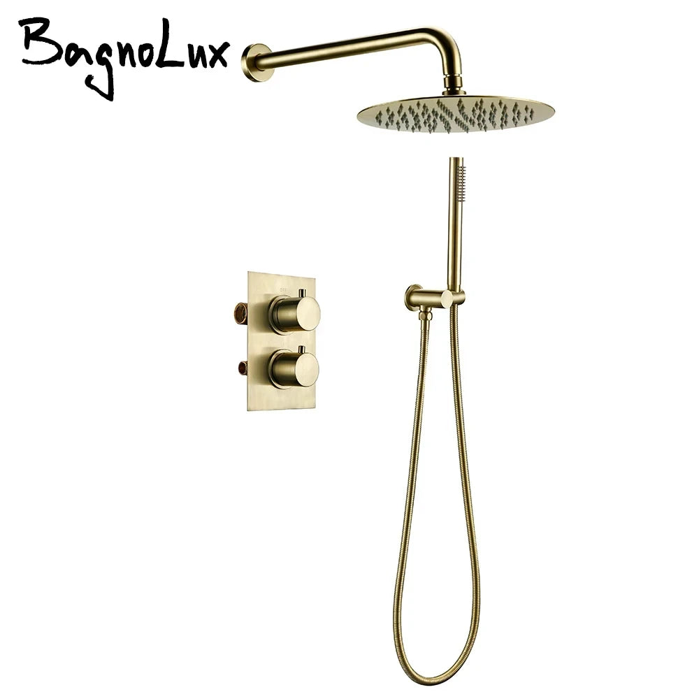 Brushed Gold  Thermostatic Mixer Diverter Set Bath Bathroom Shower Head Rianfall Luxury Combo Faucet Wall Mount Arm