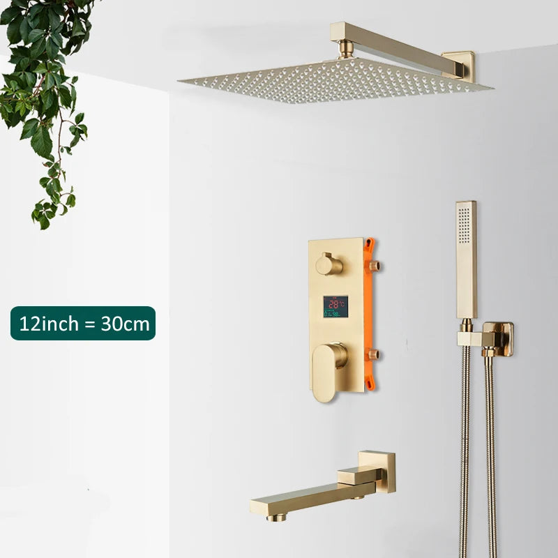 Brushed Gold Digital Display Concealed Shower System 2/3 way Shower Set Hydropower Mixer Swivel Spout Built in Wall Shower Taps