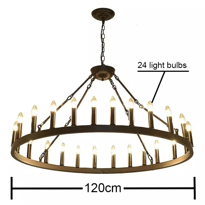 America Retro Industrial Iron Round Led Pendant Black Metallic Hanging Living Room Cafe Restaurant Decoration Suspend Chandelier
