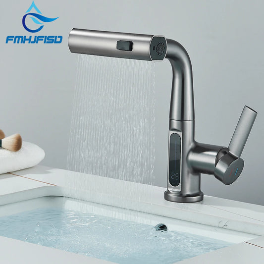 Temperature Digital Display Basin Faucet Pull Out Hot Cold Water Mixer Tap Lift Up Down Stream Sprayer Wash Crane For Bathroom