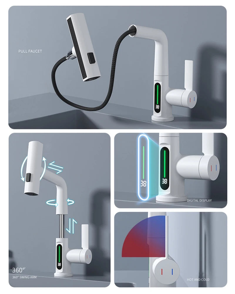 Waterfall Pull Out Kitchen Faucet White Intelligent Digital Display Cold Hot Mixer Taps Rotatable Sink Lifting Basin Faucet