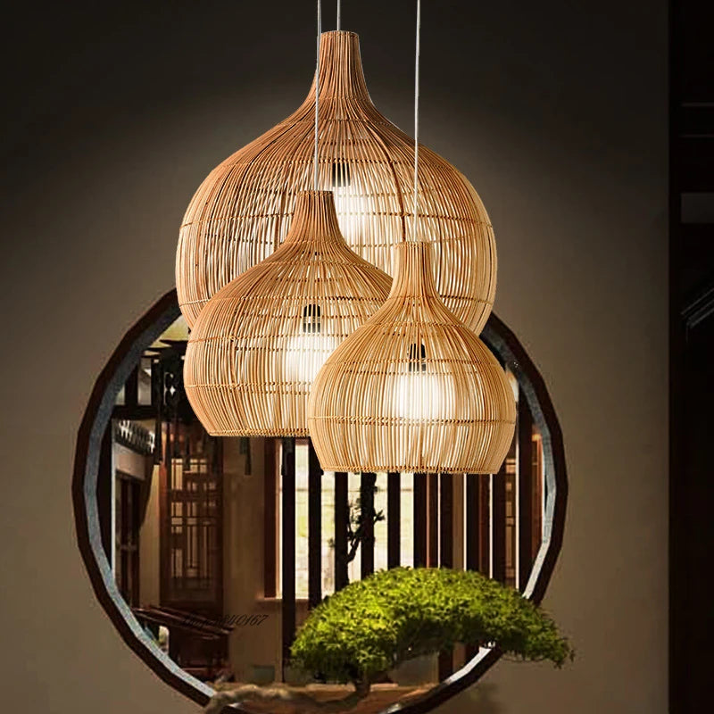 Japanese Handmade Rattan Woven Pendent Lamp Homestay Tea House Rural Retro Decorative Lighting Fixtures Creative Designer Art