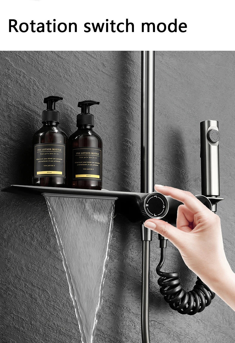 Wall-Mounted Waterfall Shelf Bathroom Mixer Faucet Digital Display Shower Set,Copper Bathroom Showers Sets Bathroom Accessories