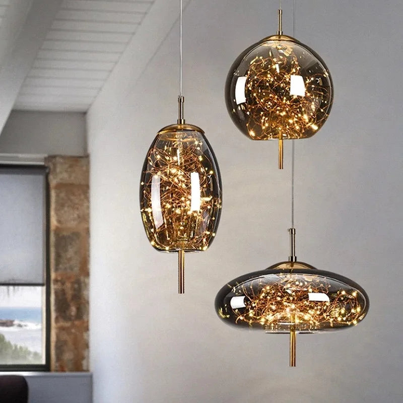 Nordic Bedside Led Glass Pendant Lights For Bedroom Bar Dining Living Room Amber Hanging Light Fixture Pendant Lamp