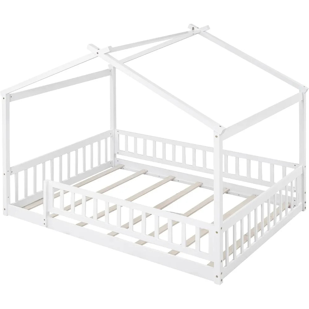 House Style Bed Full Size Floor Bed with Fence Railings