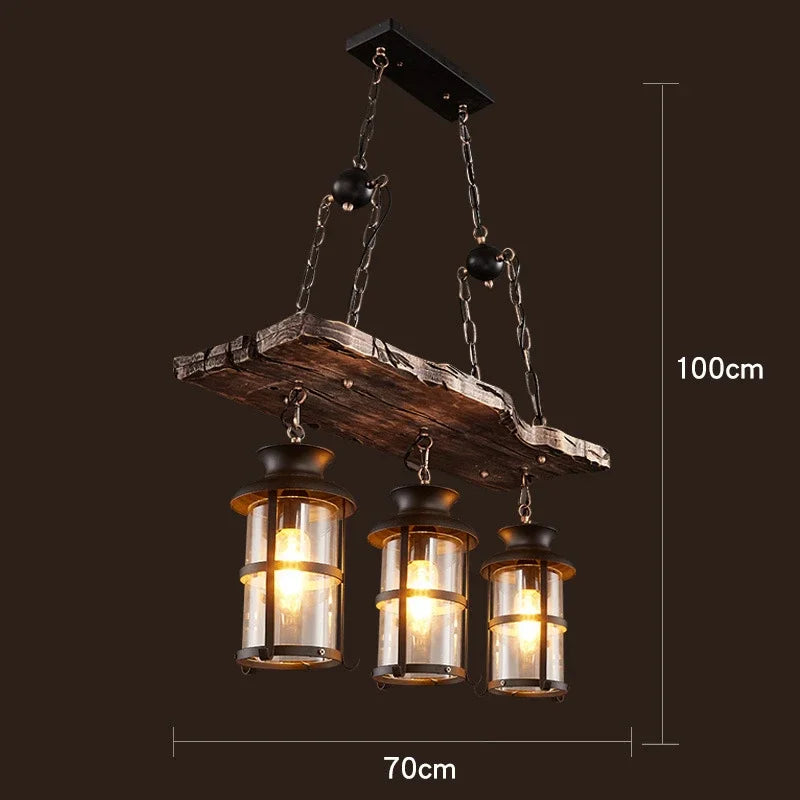 Antique Industry Vintage Wood E27 LED Ceiling Chandelier
