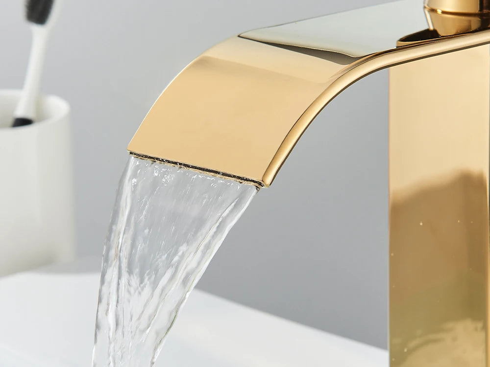 Brushed Gold Basin Sink Faucet Waterfall Outlet Vanity Hot Cold Mixer Tap Deck Mount Taps Washbasin Faucet for Bathroom