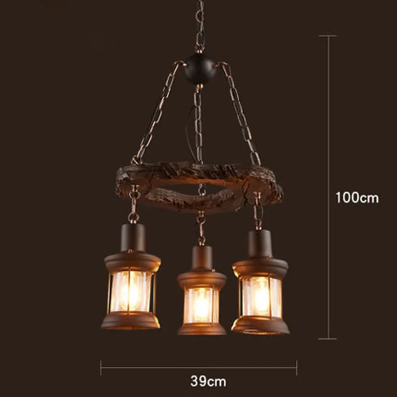 Antique Industry Vintage Wood E27 LED Ceiling Chandelier