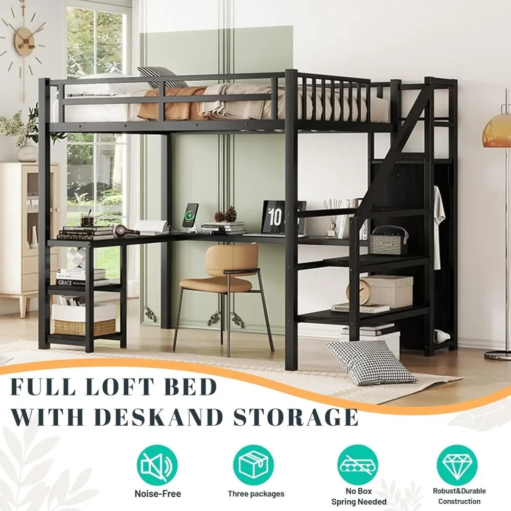 Full Size Loft Bed with Stairs and Desk Metal Loft Bed with LED Light and Charging Station