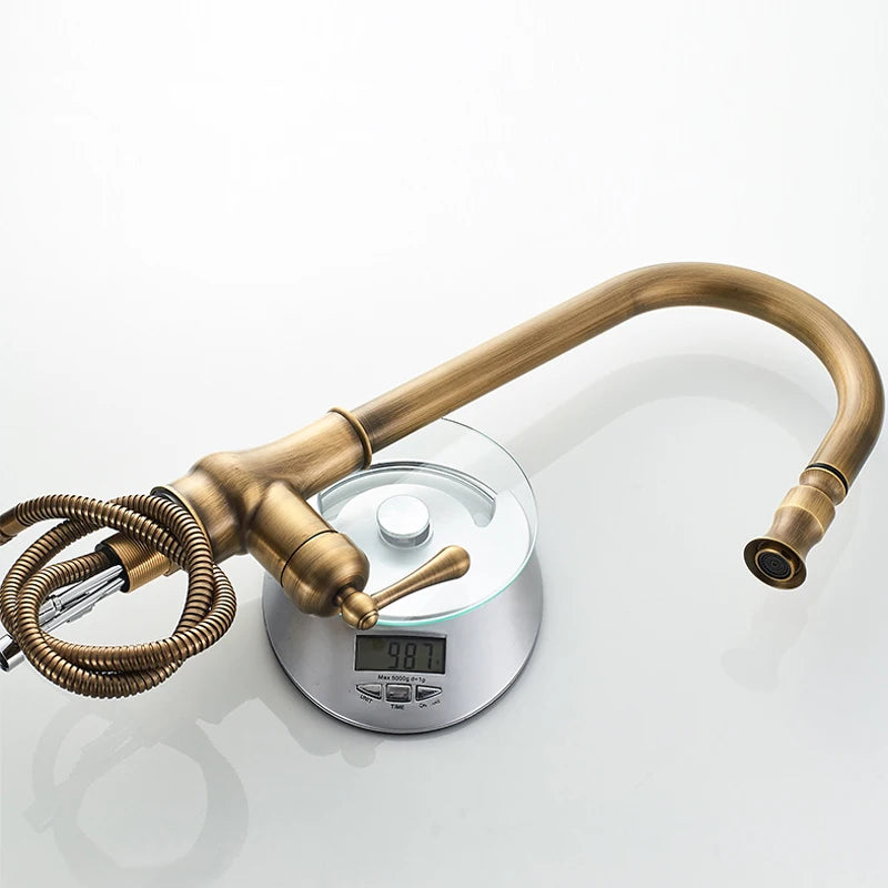 Hotaan Antique Brass  Kitchen Faucet Single Hole Pull Out Spout Copper Kitchen Sink Mixer Tap with Stream Sprayer Head