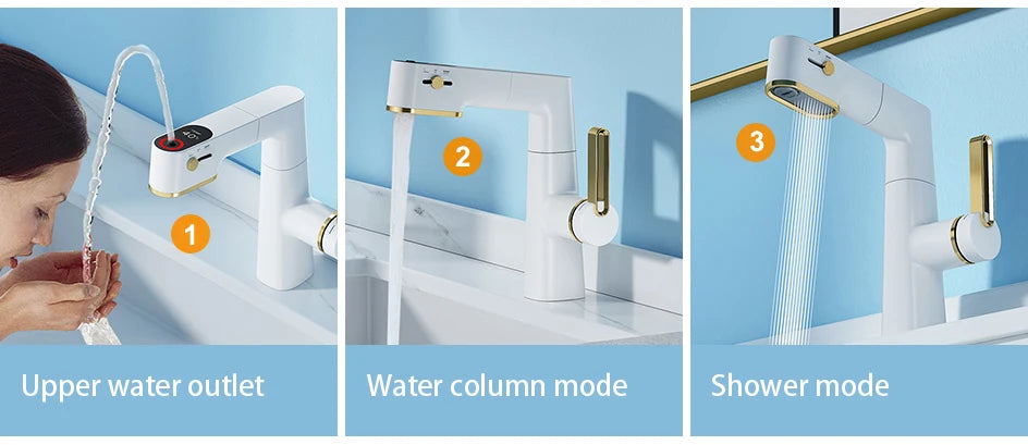 VGX Multifunctional Bathroom Faucets Pull Out Basin Mixer Sink Faucet Gourmet LED Temperature Tap 360° Tapware Crane Brass White