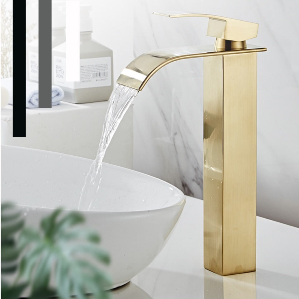 Brushed Gold Tall Bathroom Sink Faucet Waterfall Bathroom Faucet for Vessel Sinks Single Handle Bathroom Vanity Faucet