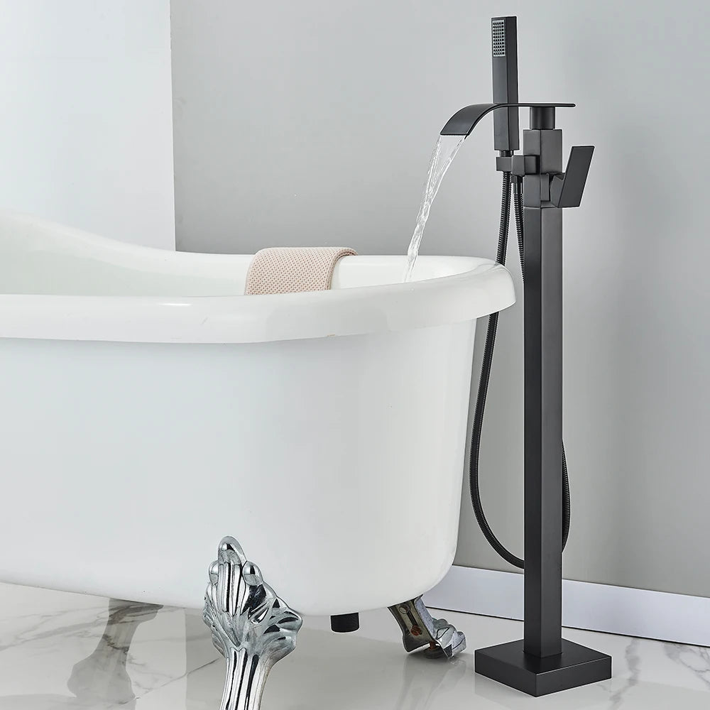 Floor Standing Faucet Bathtub Shower Floor Mounted Tub Filler Faucet Brass Bathroom Tub Faucets with Hand Shower