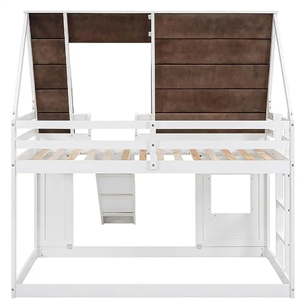 Wooden Twin Bunk Beds with Slide and Playhouse Design