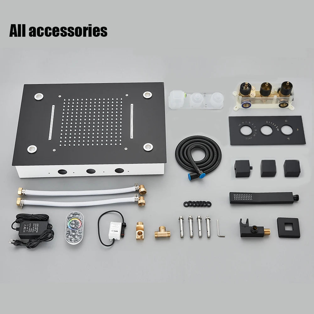 Black LED Constant Temperature Shower Faucet Luxury 3-way RainShower Celling System Tap Color Change Modern Showers for Bathroom