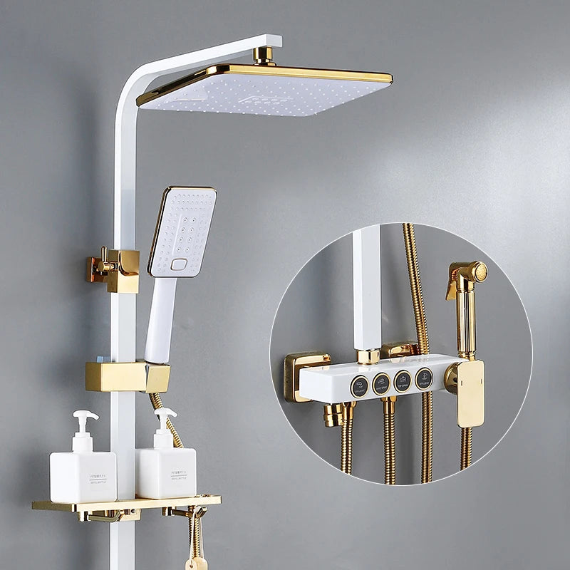 Gold Digital Shower Set Quality Brass Hot Cold Bathroom Shower Faucets Tap Rain Shower Head Golden Thermostatic Shower System