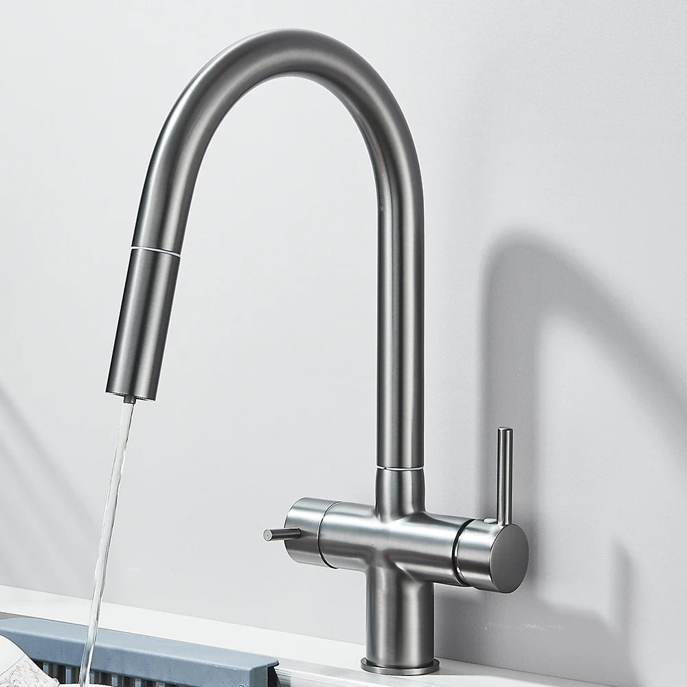 Filtered Kitchen Sink Faucet With Retractable Sprayer Brass Water Filter Tap Drinking Water Tap Vessel Sink Mixer For Kitchen