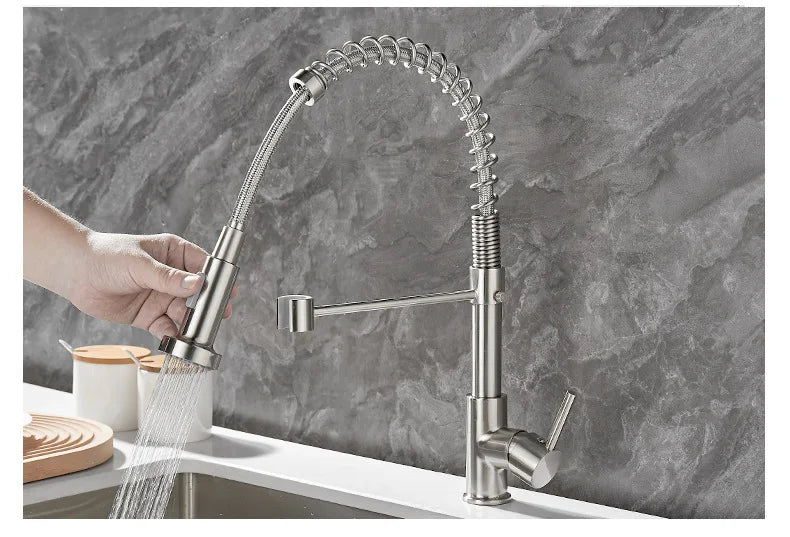 Black and Golden Brass Pulling Kitchen Sink Faucets Dual Outlet Water-Cold Hot Washing Basin Tap Deck Mounted Spring Mixer Taps
