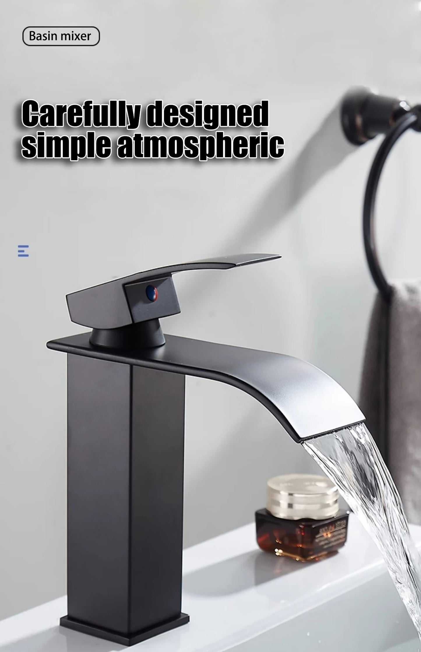 Waterfall style washbasin faucet black cold and hot all copper bathroom kitchen washbasin basin bathroom household use