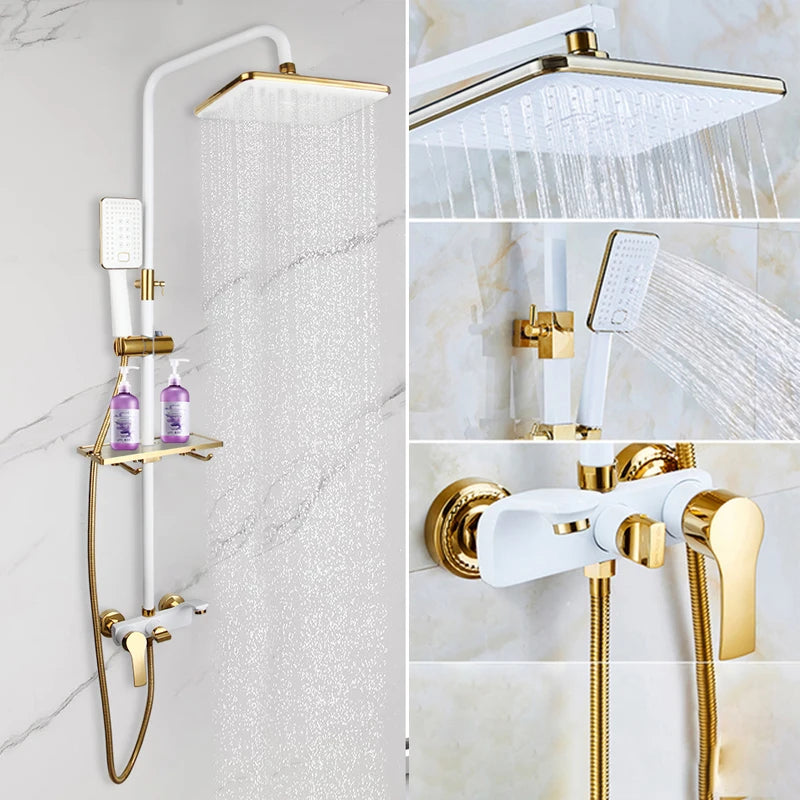 KEMAIDI Bathroom Shower Set W/ Shelf Wall Mount Shower System Hot & Cold Mixer White Gold Rainfall Bathtub Shower Faucet Set