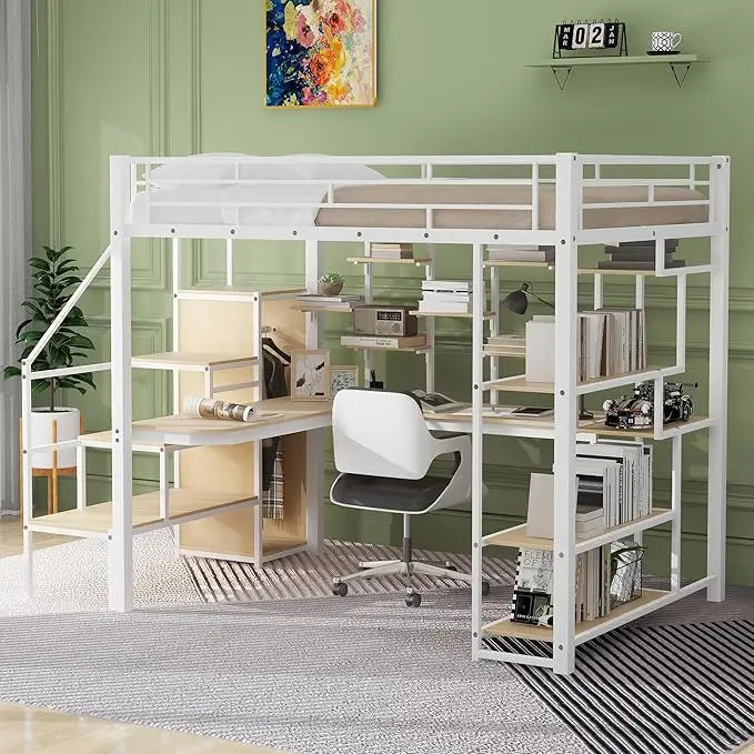 Full Size Loft Bed with Stairs and Desk Metal Loft Bed with LED Light and Charging Station
